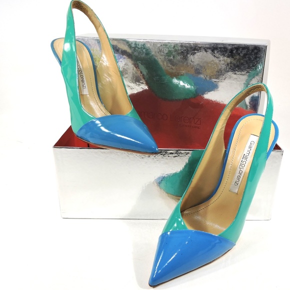 GIANMARCO LORENZI 🇮🇹 WOMEN'S BLUE & GREEN PATENT LEATHER FASHION SANDALS - Picture 4 of 10